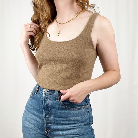 Vintage Tops - Vintage 100% Cashmere Parisian Camel Tan Brown Tank Top Sweater Capsule Wardrobe